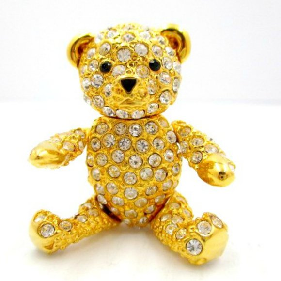 Vintage Jewelry - Gold Crystal Pave Articulated Teddy Bear Brooch